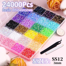 24000Pcs Resin Jelly Rhinestones with 1 Pcs B7000 Jewelry Glue for Bedazzling, Multicolor 3mm Flatback Gems for Crafting, Bedazzler Kit for Book Crafts Clothing Shoes Fabric Decor Nail Art Makeup