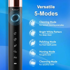 Sonic Electric Toothbrush for Adults and Kids, Comes with 10 Brush Heads & Travel Case, 5 Modes with 2 Minutes Built in Smart Timer, One Charge for 90 Days, 42,000 VPM Motor (Black)