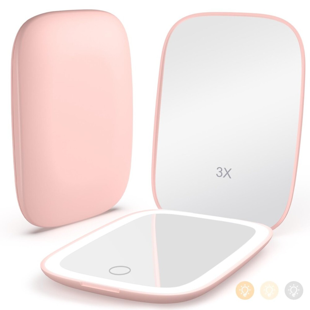 Rechargeable Travel Mirror with Lights 3 Color Modes,1X/3X Magnification Mini Led Compact Makeup Mirror for Purse, Travel Essentials Gifts Stocking Stuffers for Girls Women - Pink Rechargeable Travel Mirror with Lights 3 Color Modes,1X/3X Magnification Mini Led Compact Makeup Mirror for Purse, Travel Essentials Gifts Stocking Stuffers for Girls Women - Pink