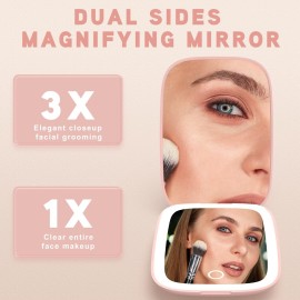 Rechargeable Travel Mirror with Lights 3 Color Modes,1X/3X Magnification Mini Led Compact Makeup Mirror for Purse, Travel Essentials Gifts Stocking Stuffers for Girls Women - Pink Rechargeable Travel Mirror with Lights 3 Color Modes,1X/3X Magnification Mini Led Compact Makeup Mirror for Purse, Travel Essentials Gifts Stocking Stuffers for Girls Women - Pink