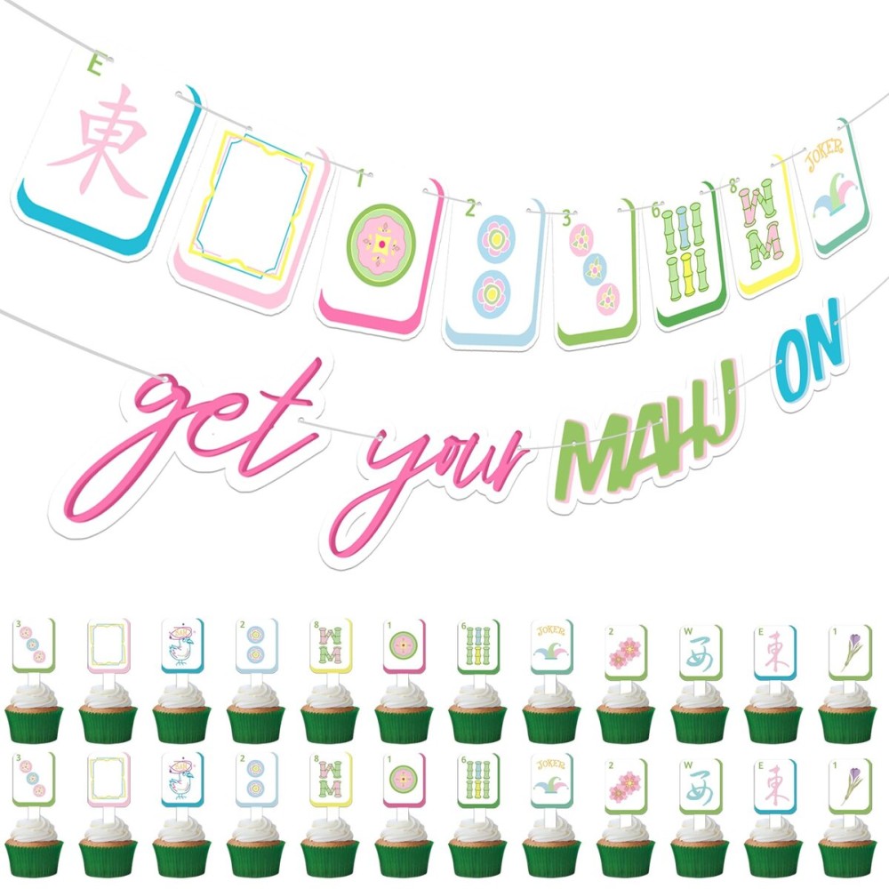 KARAQY Mahjong-Themed Party Decoration Set, Mahjong Party Banner and 24 Pcs Cupcake Toppers for Birthdays and Celebrations KARAQY Mahjong-Themed Party Decoration Set, Mahjong Party Banner and 24 Pcs Cupcake Toppers for Birthdays and Celebrations
