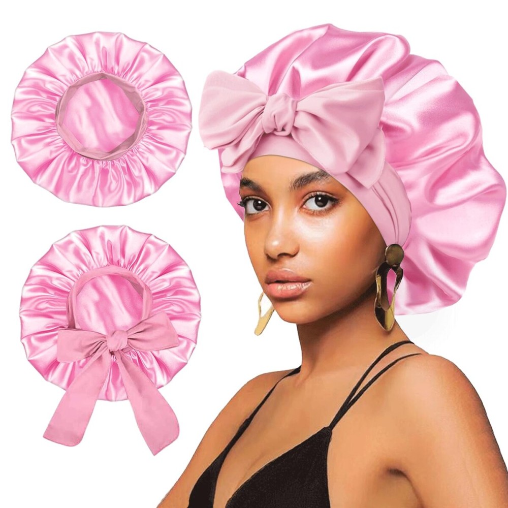 2Pcs Satin Silk Hair Bonnet for Sleeping Women,Large Bonnets with Elastic Wide Tie Band Silk Sleep Cap,Hair Wrap Night Cap with Adjustable Straps for Black Women Curly Hair Jumbo Bonnet Braid - Pink 2Pcs Satin Silk Hair Bonnet for Sleeping Women,Large Bonnets with Elastic Wide Tie Band Silk Sleep Cap,Hair Wrap Night Cap with Adjustable Straps for Black Women Curly Hair Jumbo Bonnet Braid - Pink