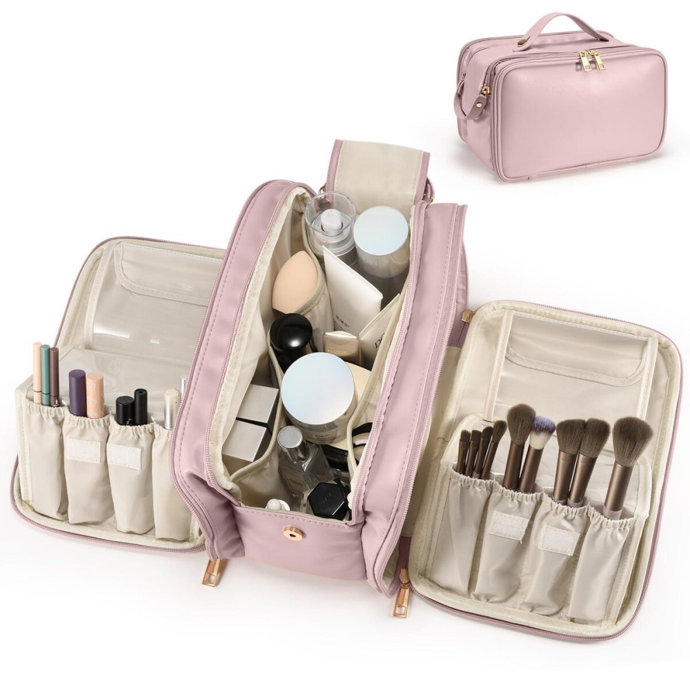 Travel Makeup Bag Women\'s Large Capacity Cosmetic Portable Organizer Large Opening Waterproof Storage Toiletry Bags Vertical Free-Standing Brush Holder for Easy Access Pink Travel Makeup Bag Women\'s Large Capacity Cosmetic Portable Organizer Large Opening Waterproof Storage Toiletry Bags Vertical Free-Standing Brush Holder for Easy Access Pink