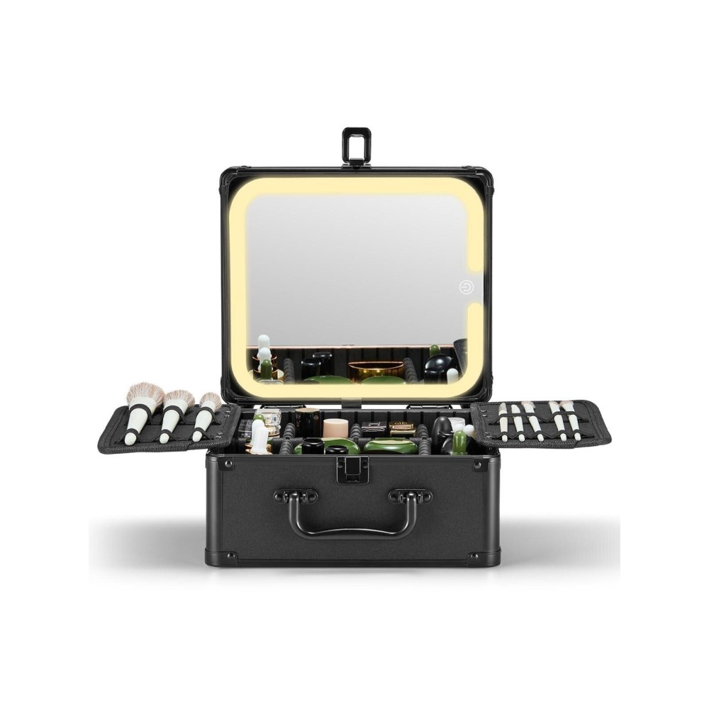 Qislee Makeup Box with A Detachable Lighted Mirror, Waterproof Travel Train Case, Cosmetic Organizer and Makeup Suitcase with Adjustable Dividers, Magnetic LED Mirror (Black) Qislee Makeup Box with A Detachable Lighted Mirror, Waterproof Travel Train Case, Cosmetic Organizer and Makeup Suitcase with Adjustable Dividers, Magnetic LED Mirror (Black)