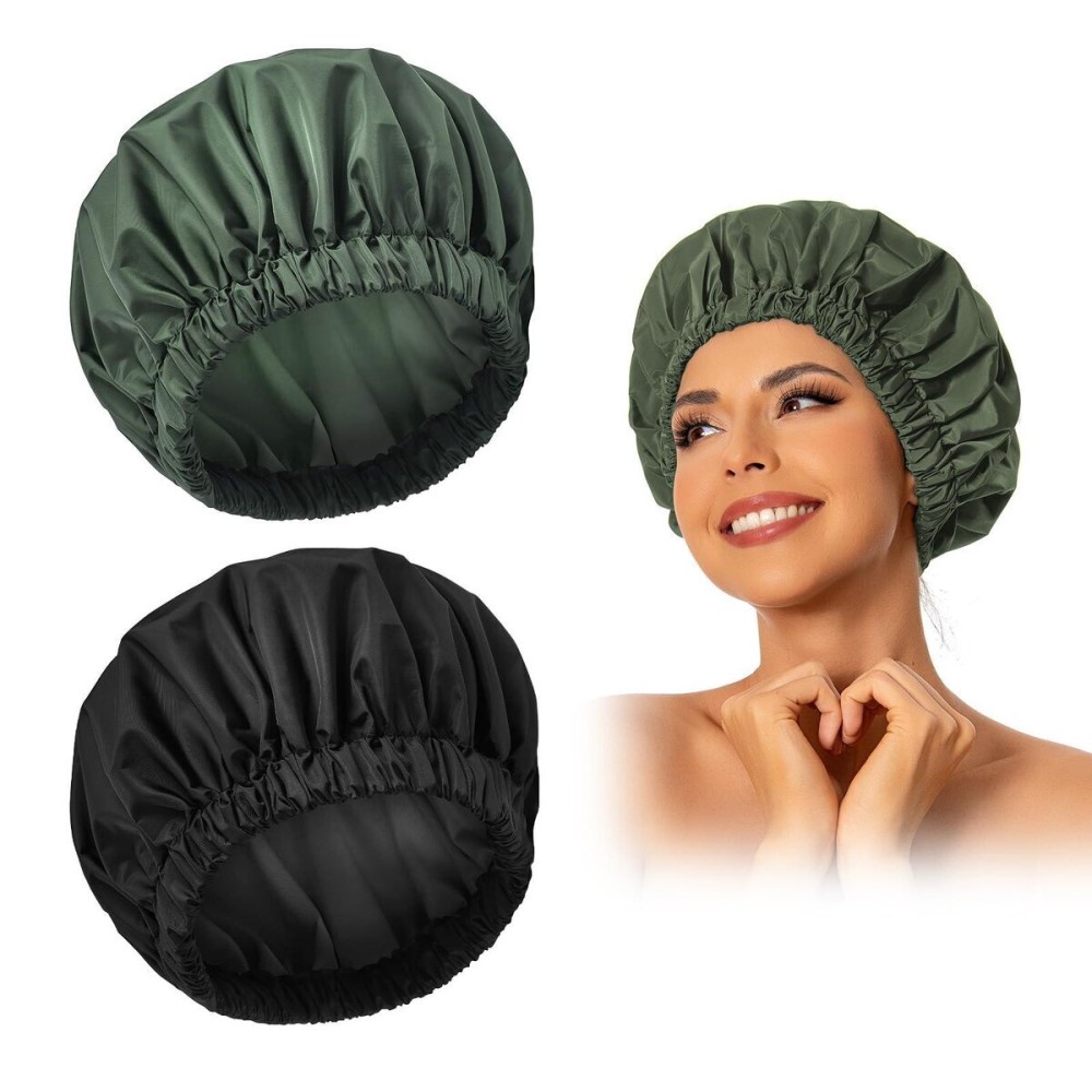 Reusable Shower Cap for Women, Large Waterproof Shower Bonnet Washable Elastic Band Bath Accessories Hair Hat for Long Hair, Braids(Black&Green) Reusable Shower Cap for Women, Large Waterproof Shower Bonnet Washable Elastic Band Bath Accessories Hair Hat for Long Hair, Braids(Black&Green)