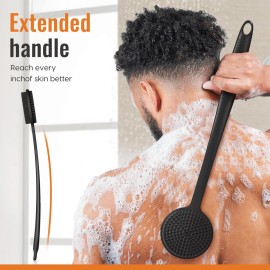 VWMYQ Silicone Back Scrubber for Shower, Silicone Face Scrubber for Men,17in Lengthen Long Handle Body Brush, Double Sided Shower Brush for Shower Exfoliating and Massage, Back Scrubber for Men