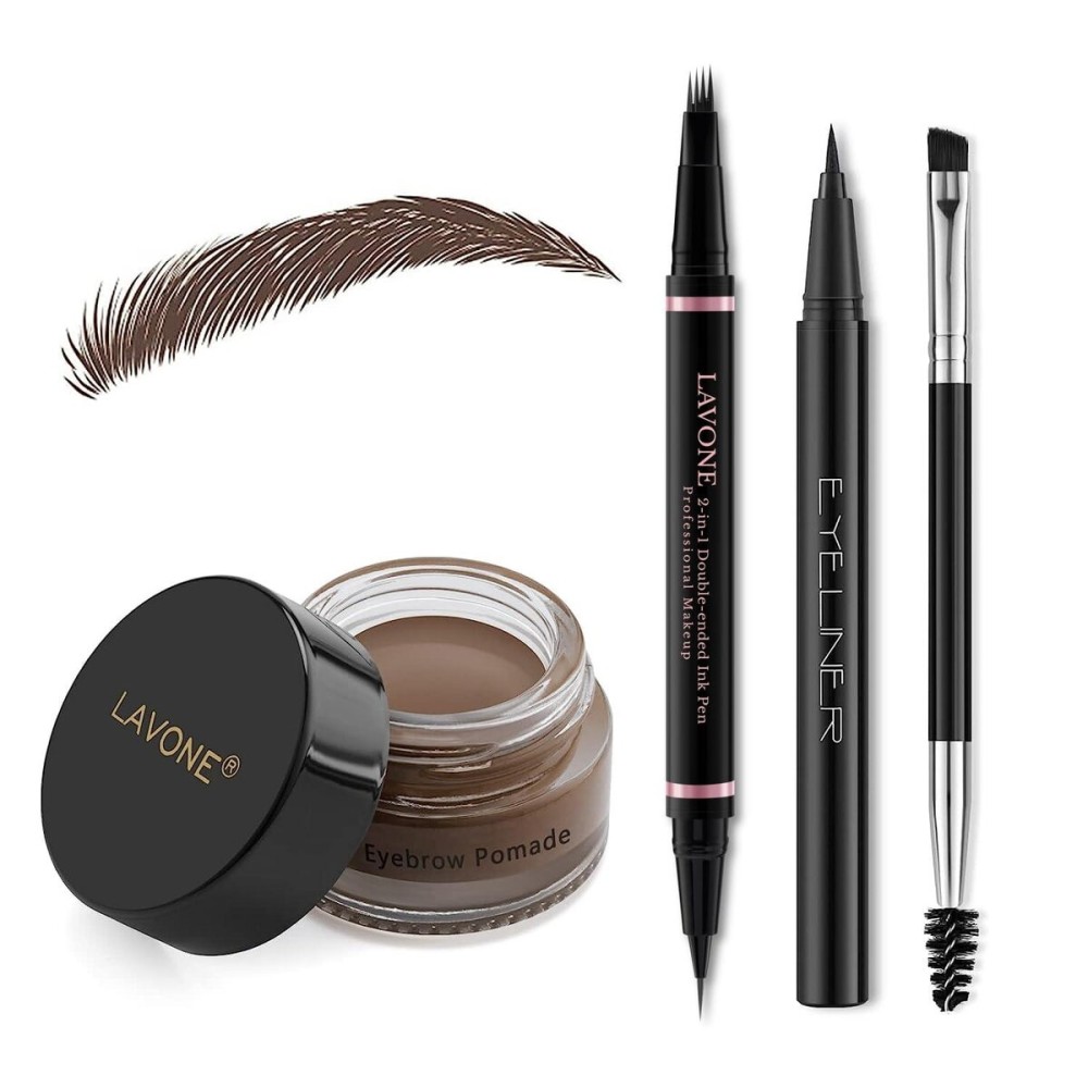 LAVONE Eyebrow Pencil Makeup Kit, with Waterproof 2-IN-1 Microblading Eyebrow Pen, Eyebrow Pomade, Eyeliner and Dual-ended Eyebrow Brush, Brow Pencil Kit for Natural Eyebrows - Dark Brown LAVONE Eyebrow Pencil Makeup Kit, with Waterproof 2-IN-1 Microblading Eyebrow Pen, Eyebrow Pomade, Eyeliner and Dual-ended Eyebrow Brush, Brow Pencil Kit for Natural Eyebrows - Dark Brown