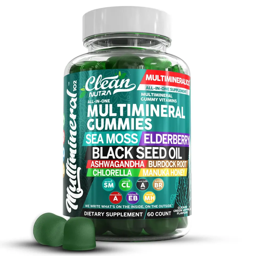 Clean Sea Moss Gummies | Black Seed Oil Ashwagandha, Elderberry, Burdock Root, Chlorella, Manuka Honey - Vegan Irish Sea Moss Gummy Vitamins For Adults Kids Men Women - Multimineral Green Apple Flavor Clean Sea Moss Gummies | Black Seed Oil Ashwagandha, Elderberry, Burdock Root, Chlorella, Manuka Honey - Vegan Irish Sea Moss Gummy Vitamins For Adults Kids Men Women - Multimineral Green Apple Flavor