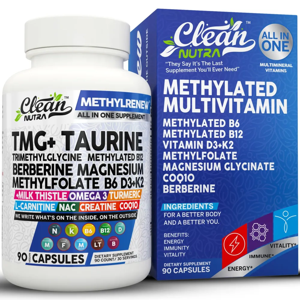 Clean Nutra Methylated Multivitamin for Women Men TMG Taurine Supplement + B6 Vitamins, B12, D3 K2, Magnesium Methylfolate Milk Thistle Omega 3 Turmeric NAC L Carnitine Creatine COQ10 B Complex Caps Clean Nutra Methylated Multivitamin for Women Men TMG Taurine Supplement + B6 Vitamins, B12, D3 K2, Magnesium Methylfolate Milk Thistle Omega 3 Turmeric NAC L Carnitine Creatine COQ10 B Complex Caps