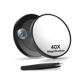 Macaki 40X Magnifying Mirror with 2 Suction Cups, 3.5 inches Magnified Makeup Mirror and Slant Tweezers,Black?1PC