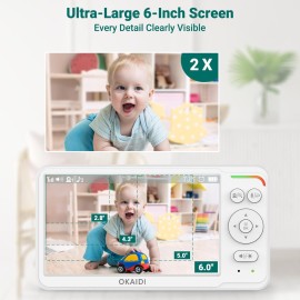 OKAIDI Baby Monitor with Camera and Audio,6.0 IPS Screen Baby Camera Monitor with 150 Languages Supported,30H Battery,1000ft Range Travel Baby Monitor No WiFi,Night Vision,2-Way Audio