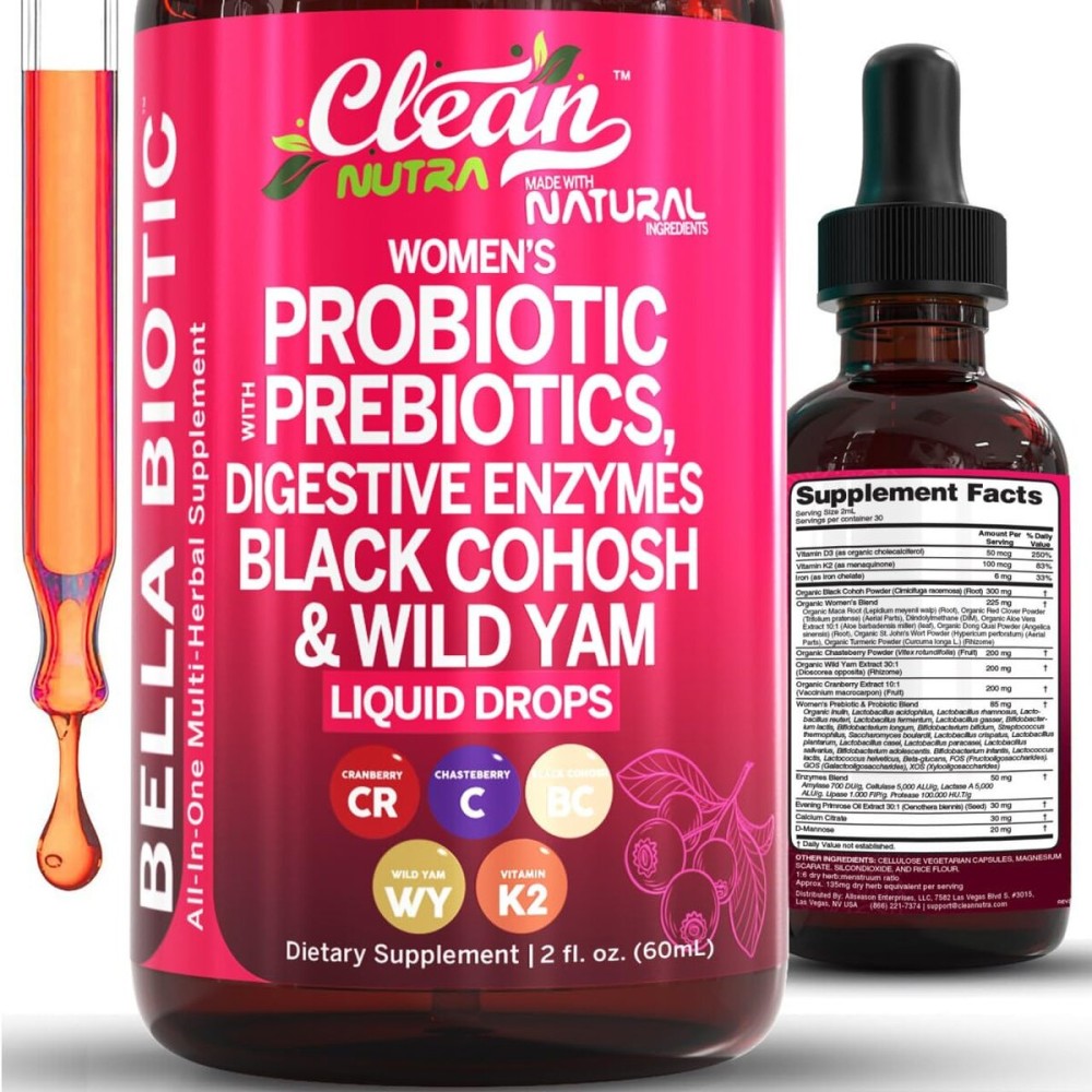 Liquid Probiotics for Women Drops with Chasteberry, Black Cohosh, Prebiotics, Digestive Enzymes, Evening Primrose Oil, Wild Yam, Cranberry Dmannose and Iron Vitamin D3 K2 Clean Nutra Bella Biotics Liquid Probiotics for Women Drops with Chasteberry, Black Cohosh, Prebiotics, Digestive Enzymes, Evening Primrose Oil, Wild Yam, Cranberry Dmannose and Iron Vitamin D3 K2 Clean Nutra Bella Biotics