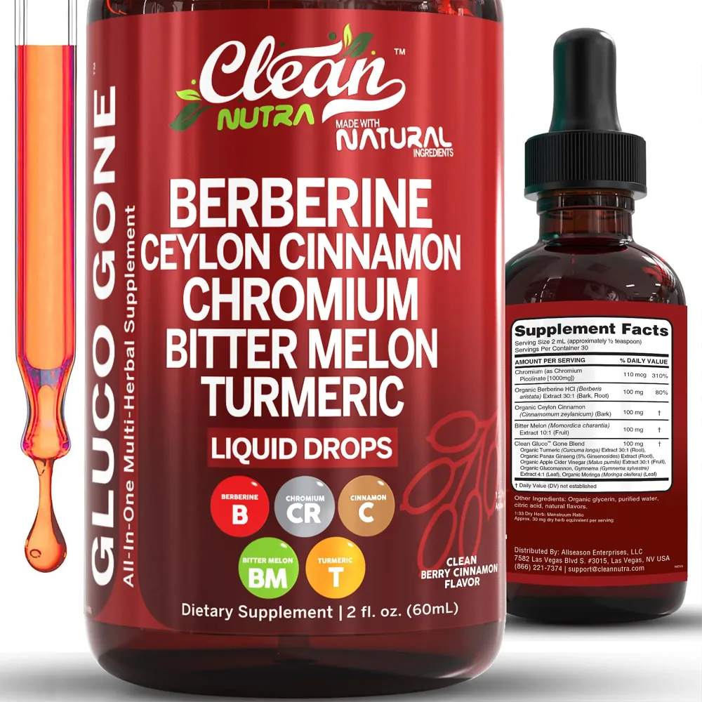 Clean Nutra Berberine with Ceylon Cinnamon Supplement Liquid Drops + Bitter Melon Extract, Glucomannan, Gymnema, Chromium, Turmeric, Organic Panax Ginseng, Moringa GLP-1 Support Clean Nutra Berberine with Ceylon Cinnamon Supplement Liquid Drops + Bitter Melon Extract, Glucomannan, Gymnema, Chromium, Turmeric, Organic Panax Ginseng, Moringa GLP-1 Support