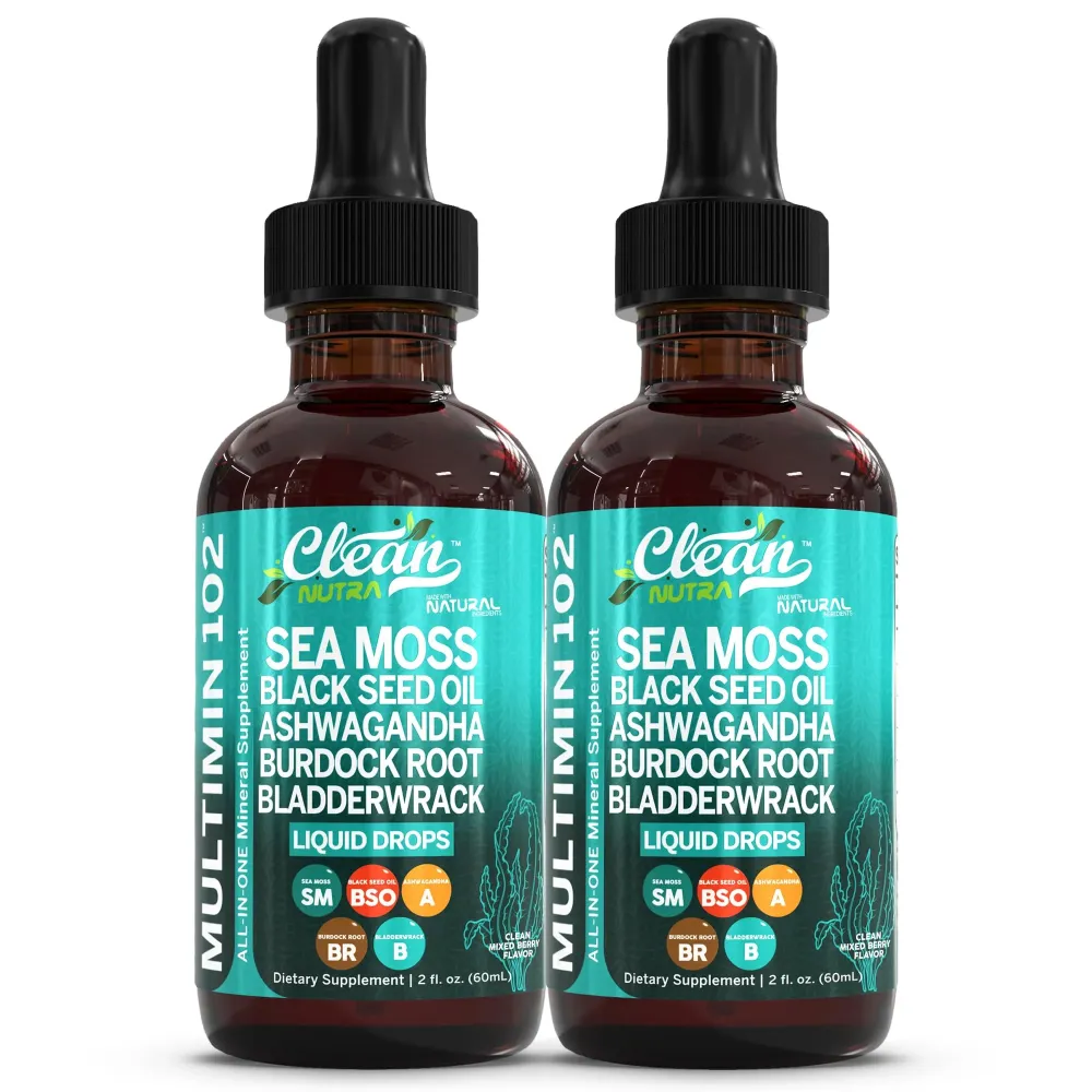 Clean Nutraceuticals Sea Moss Drops Supplement Liquid with Black Seed Oil Ashwagandha Burdock Root & Bladderwrack - Multimineral Organic Non-GMO Vegan for Gut Heath Skin Immune Support Hair (2) Clean Nutraceuticals Sea Moss Drops Supplement Liquid with Black Seed Oil Ashwagandha Burdock Root & Bladderwrack - Multimineral Organic Non-GMO Vegan for Gut Heath Skin Immune Support Hair (2)