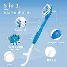 Kucbraly Disposable Mini Travel Toothbrushes, 5-in-1 Pre-Pasted Mini-Brush+Floss+Pick+Tongue Scraper, On The Go Toothbrush, Portable Toothbrush with Freshening Bead, Coolmint, 60 Count