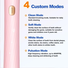 Sonic Electric Toothbrush for Adults and Kids, Rechargeable Toothbrush With 8 Brush Head, 4 Modes and 2 Minute Timer, 42000VPM Power Motor, IPX8 Waterproof, 4 Hours Fast Charge last 90 days (Pink) Sonic Electric Toothbrush for Adults and Kids, Rechargeable Toothbrush With 8 Brush Head, 4 Modes and 2 Minute Timer, 42000VPM Power Motor, IPX8 Waterproof, 4 Hours Fast Charge last 90 days (Pink)