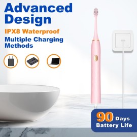 Sonic Electric Toothbrush for Adults and Kids, Rechargeable Toothbrush With 8 Brush Head, 4 Modes and 2 Minute Timer, 42000VPM Power Motor, IPX8 Waterproof, 4 Hours Fast Charge last 90 days (Pink) Sonic Electric Toothbrush for Adults and Kids, Rechargeable Toothbrush With 8 Brush Head, 4 Modes and 2 Minute Timer, 42000VPM Power Motor, IPX8 Waterproof, 4 Hours Fast Charge last 90 days (Pink)