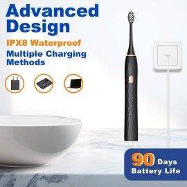 Sonic Electric Toothbrush for Adults and Kids, Rechargeable Toothbrush With 8 Brush Head, 4 Modes and 2 Minute Timer, 42000VPM Power Motor, IPX8 Waterproof, 4 Hours Fast Charge last 90 days (Black) Sonic Electric Toothbrush for Adults and Kids, Rechargeable Toothbrush With 8 Brush Head, 4 Modes and 2 Minute Timer, 42000VPM Power Motor, IPX8 Waterproof, 4 Hours Fast Charge last 90 days (Black)