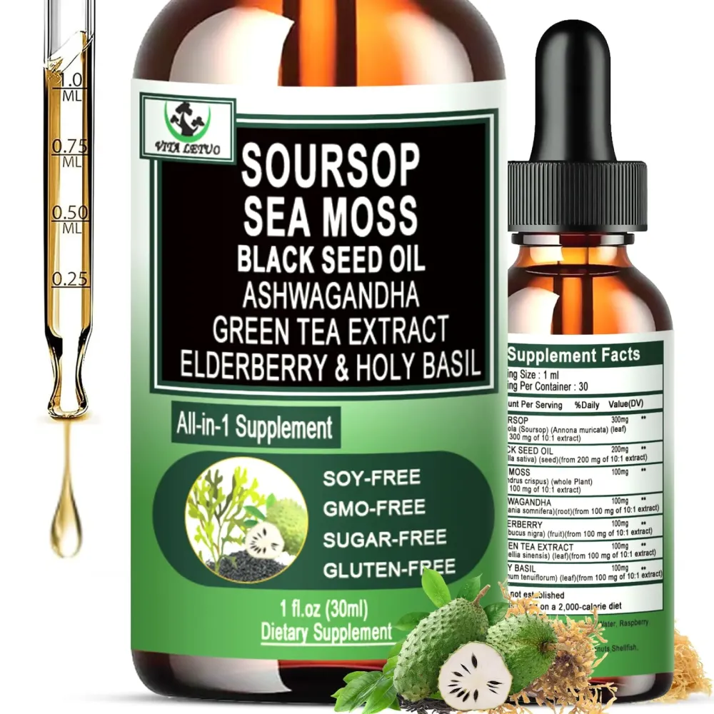 Soursop Drops,Soursop Bitters Liquid with Sea Moss Black Seed Oil Green Tea Extract Ashwagandha Elderberry Holy Basil-Multimineral&Vitamins Superfood Drops for Immune&Digestive & Cell Support Soursop Drops,Soursop Bitters Liquid with Sea Moss Black Seed Oil Green Tea Extract Ashwagandha Elderberry Holy Basil-Multimineral&Vitamins Superfood Drops for Immune&Digestive & Cell Support