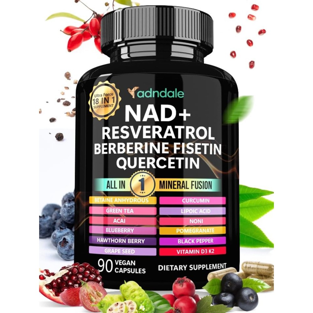 Adndale NAD Supplement. Longevity Formula with Liposomal NAD+, Trans Resveratrol, Quercetin, Berberine, Betaine Anhydrous, Grape Seed, Fisetin. NAD Resveratrol Supplement with Berberine 90 Capsules. Adndale NAD Supplement. Longevity Formula with Liposomal NAD+, Trans Resveratrol, Quercetin, Berberine, Betaine Anhydrous, Grape Seed, Fisetin. NAD Resveratrol Supplement with Berberine 90 Capsules.