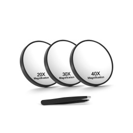 Macaki 20X/30X/40X Magnifying Mirror with Suction Cups and Tweezers Set, 3.5 inches Travel Magnified Makeup Mirror, Black, 3PCS