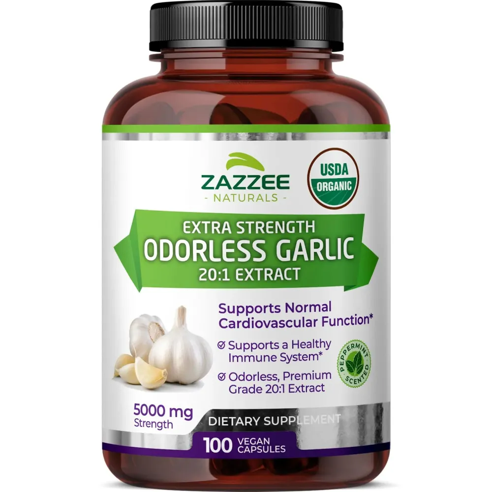 Zazzee USDA Organic Odorless Garlic 20:1 Extract, 5000 mg Strength, 100 Vegan Capsules, 3+ Month Supply, Standardized, Concentrated 20X Extract, 100% Vegetarian, All-Natural, Non-GMO, Made in The USA Zazzee USDA Organic Odorless Garlic 20:1 Extract, 5000 mg Strength, 100 Vegan Capsules, 3+ Month Supply, Standardized, Concentrated 20X Extract, 100% Vegetarian, All-Natural, Non-GMO, Made in The USA