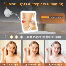 Fabuday Flexible Gooseneck 30X Lighted Magnifying Mirror - Upgraded Rechargeable Makeup Mirror with Lights and Magnification, LED Travel Mirror with Suction Cup for Bathroom, 3 Color Lighting, Square