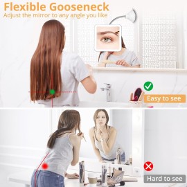 Fabuday Flexible Gooseneck 30X Lighted Magnifying Mirror - Upgraded Rechargeable Makeup Mirror with Lights and Magnification, LED Travel Mirror with Suction Cup for Bathroom, 3 Color Lighting, Square