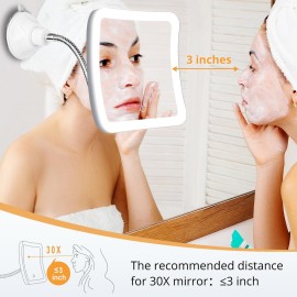 Fabuday Flexible Gooseneck 30X Lighted Magnifying Mirror - Upgraded Rechargeable Makeup Mirror with Lights and Magnification, LED Travel Mirror with Suction Cup for Bathroom, 3 Color Lighting, Square
