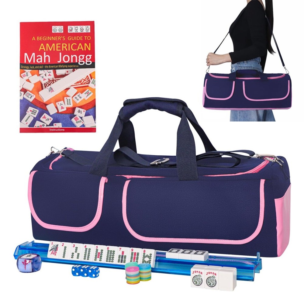TIASUSAN American Mahjong Game Set, 166 White Tiles, Blue&Pink Canvas Bag with Entire Accessories, 4 All-in-One Rack/Pushers, Mahjong Tiles Set TIASUSAN American Mahjong Game Set, 166 White Tiles, Blue&Pink Canvas Bag with Entire Accessories, 4 All-in-One Rack/Pushers, Mahjong Tiles Set