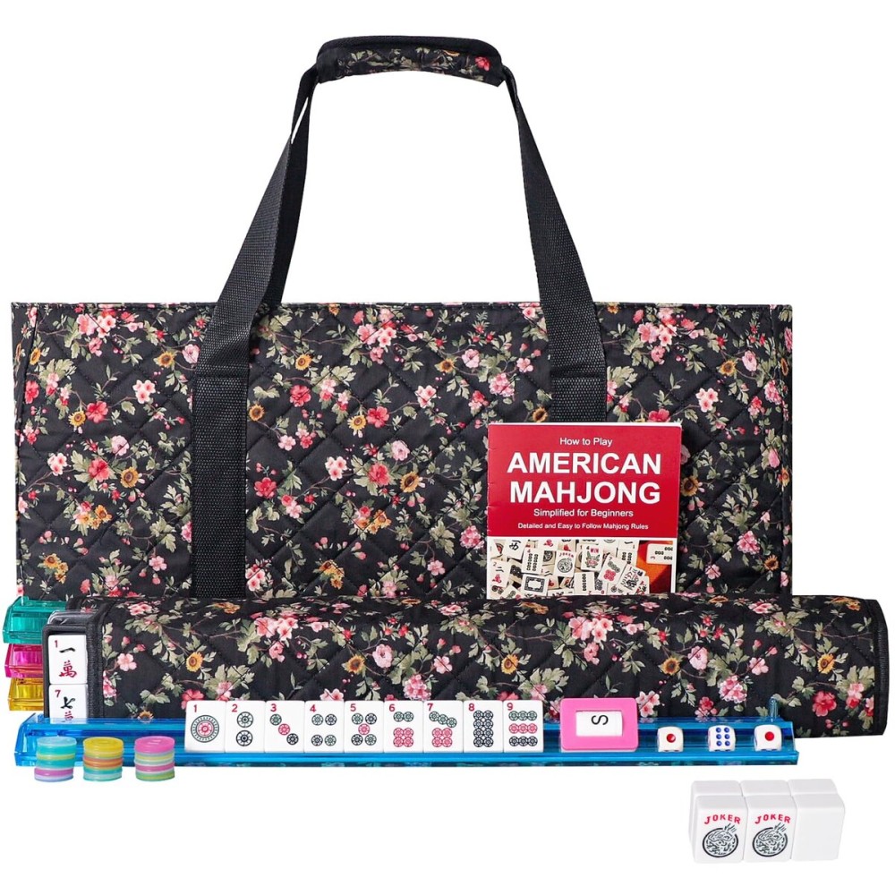 GUSTARIA American Mahjong Game Set, 166 Premium White Tiles, 4 All-in-One Color Rack/Pushers, Complete Mahongg Tile SetFlower Printed Carrying Bag (Rectangular, Black) GUSTARIA American Mahjong Game Set, 166 Premium White Tiles, 4 All-in-One Color Rack/Pushers, Complete Mahongg Tile SetFlower Printed Carrying Bag (Rectangular, Black)