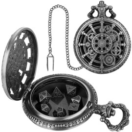 Mini DND Dice Set with Steampunk Dark Silver Hollow Gear Pocket Watch Shell Case, 7pcs Polyhedral Metal D&D Dice, DND Gifts with Gift Box for DND Lovers, Role Playing Board Games Accessories Mini DND Dice Set with Steampunk Dark Silver Hollow Gear Pocket Watch Shell Case, 7pcs Polyhedral Metal D&D Dice, DND Gifts with Gift Box for DND Lovers, Role Playing Board Games Accessories