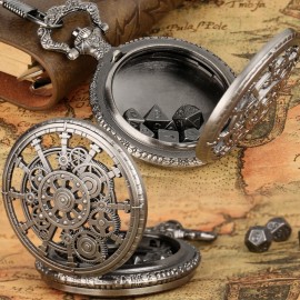 Mini DND Dice Set with Steampunk Dark Silver Hollow Gear Pocket Watch Shell Case, 7pcs Polyhedral Metal D&D Dice, DND Gifts with Gift Box for DND Lovers, Role Playing Board Games Accessories Mini DND Dice Set with Steampunk Dark Silver Hollow Gear Pocket Watch Shell Case, 7pcs Polyhedral Metal D&D Dice, DND Gifts with Gift Box for DND Lovers, Role Playing Board Games Accessories