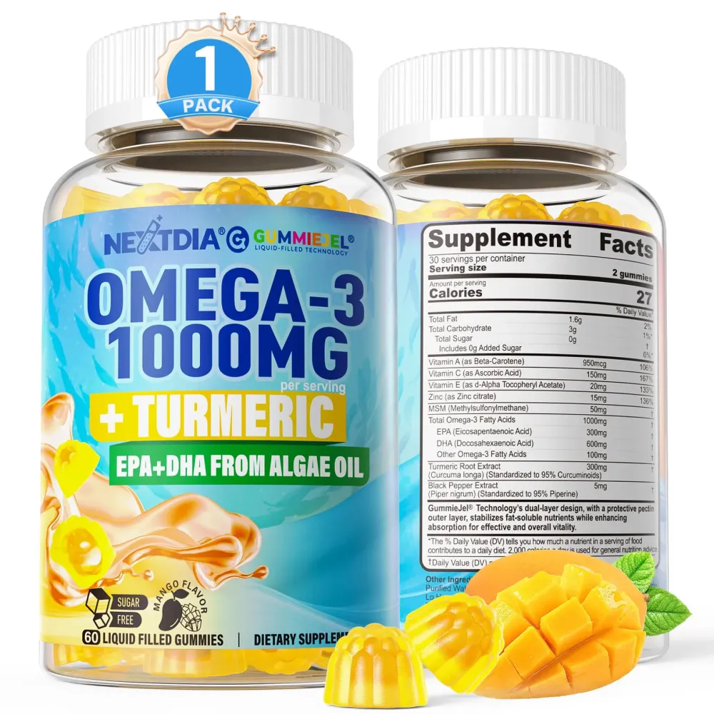 Vegan Omega-3 Gummies 1000mg + Turmeric - Omega 3 Fish Oil Alternative for Adults - Algae DHA 600mg & EPA 300mg, Vitamins A, C, E, Zinc & MSM, Sugar Free, 60 Cts Vegan Omega-3 Gummies 1000mg + Turmeric - Omega 3 Fish Oil Alternative for Adults - Algae DHA 600mg & EPA 300mg, Vitamins A, C, E, Zinc & MSM, Sugar Free, 60 Cts