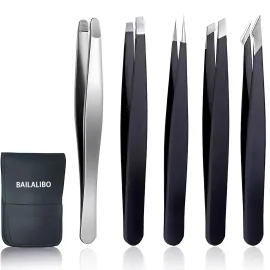 Tweezers for Women Facial Hair, 5Pcs Set, Round tip Eyebrow Tweezer for men, Professional Stainless Steel Pointed Splinter Ingrown Hair removal