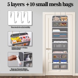 KYEVIS Over The Door Organizer, 5 Shelves Closet Door Hanging Organizer with 10 Mesh Pockets, Stuffed Animal Storage for Nursery, Baby Essentials, Dorm Room Essentials for Girls