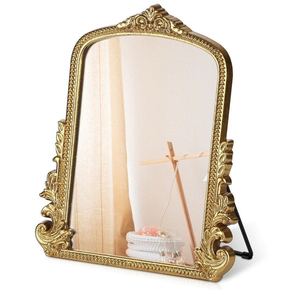 Vintage Makeup Mirror, Vanity Desk Mirror Antique Traditional Tabletop Mirror, Standing, Hang or Wall Mounted, Adjustable Dress-up Mirror, Gold Decor Mirror for Living Room,Bedroom (gold, 12*9.8 in)