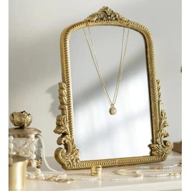 Vintage Makeup Mirror, Vanity Desk Mirror Antique Traditional Tabletop Mirror, Standing, Hang or Wall Mounted, Adjustable Dress-up Mirror, Gold Decor Mirror for Living Room,Bedroom (gold, 12*9.8 in)