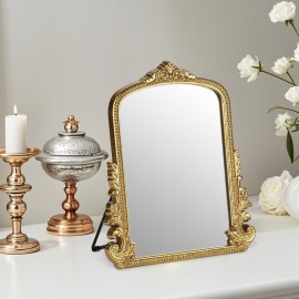 Vintage Makeup Mirror, Vanity Desk Mirror Antique Traditional Tabletop Mirror, Standing, Hang or Wall Mounted, Adjustable Dress-up Mirror, Gold Decor Mirror for Living Room,Bedroom (gold, 12*9.8 in)