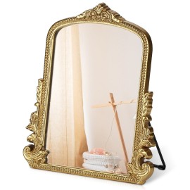 Vintage Makeup Mirror, Vanity Desk Mirror Antique Traditional Tabletop Mirror, Standing, Hang or Wall Mounted, Adjustable Dress-up Mirror, Gold Decor Mirror for Living Room,Bedroom (gold, 12*9.8 in)