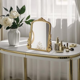 Vintage Makeup Mirror, Vanity Desk Mirror Antique Traditional Tabletop Mirror, Standing, Hang or Wall Mounted, Adjustable Dress-up Mirror, Gold Decor Mirror for Living Room,Bedroom (gold, 12*9.8 in)