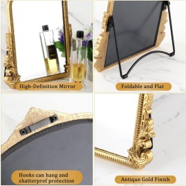 Vintage Makeup Mirror, Vanity Desk Mirror Antique Traditional Tabletop Mirror, Standing, Hang or Wall Mounted, Adjustable Dress-up Mirror, Gold Decor Mirror for Living Room,Bedroom (gold, 12*9.8 in)