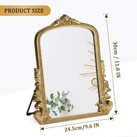 Vintage Makeup Mirror, Vanity Desk Mirror Antique Traditional Tabletop Mirror, Standing, Hang or Wall Mounted, Adjustable Dress-up Mirror, Gold Decor Mirror for Living Room,Bedroom (gold, 12*9.8 in)