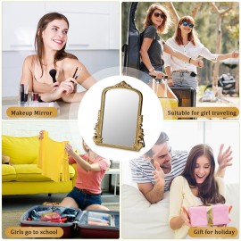 Vintage Makeup Mirror, Vanity Desk Mirror Antique Traditional Tabletop Mirror, Standing, Hang or Wall Mounted, Adjustable Dress-up Mirror, Gold Decor Mirror for Living Room,Bedroom (gold, 12*9.8 in)