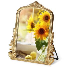 Vintage Makeup Mirror, Vanity Desk Mirror Antique Traditional Tabletop Mirror, Standing, Hang or Wall Mounted, Adjustable Dress-up Mirror, Gold Decor Mirror for Living Room,Bedroom (gold, 12*9.8 in)