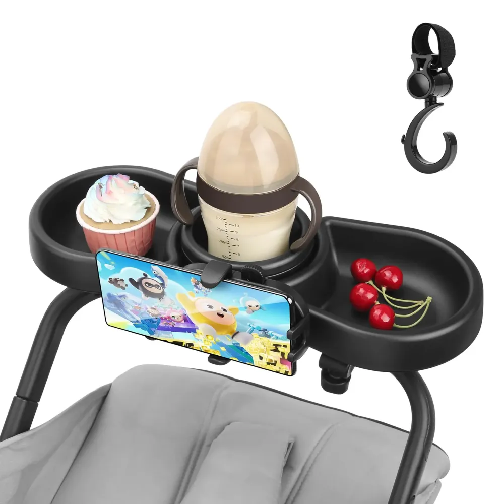 Universal Stroller Snack Tray, 4 in 1 Stroller Tray Attachment with Cups Phone Holder for Baby Toddler Stroller, 360 Rotation Universal Stroller Tray Compatible with Uppababy, Baby Jogger, etc