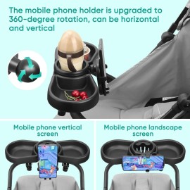 Universal Stroller Snack Tray, 4 in 1 Stroller Tray Attachment with Cups Phone Holder for Baby Toddler Stroller, 360 Rotation Universal Stroller Tray Compatible with Uppababy, Baby Jogger, etc
