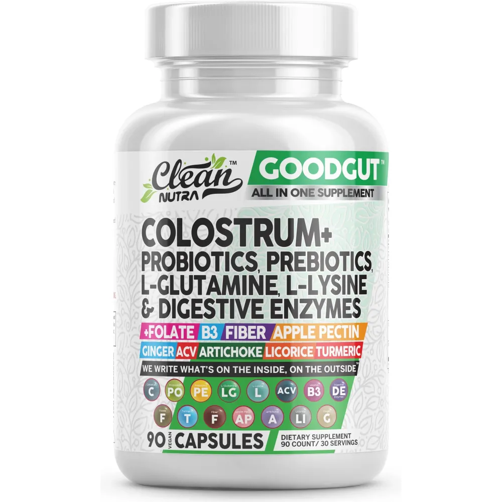 Clean Nutraceuticals Colostrum Supplement Capsules Probiotics Pills Prebiotics, L-Glutamine, Digestive Enzymes, Folate, Fiber, ACV, Turmeric, Apple Pectin and Turmeric Good Gut Clean Nutraceuticals Colostrum Supplement Capsules Probiotics Pills Prebiotics, L-Glutamine, Digestive Enzymes, Folate, Fiber, ACV, Turmeric, Apple Pectin and Turmeric Good Gut
