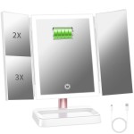 BERTHALESS Rechargeable Trifold Makeup Mirror with 78 LED Lights, Compact Travel Light Up Vanity Mirror 3 Way Mirror with Magnification 3 Color Lighting Adjustable Brightness Touch Control
