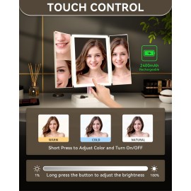 BERTHALESS Rechargeable Trifold Makeup Mirror with 78 LED Lights, Compact Travel Light Up Vanity Mirror 3 Way Mirror with Magnification 3 Color Lighting Adjustable Brightness Touch Control BERTHALESS Rechargeable Trifold Makeup Mirror with 78 LED Lights, Compact Travel Light Up Vanity Mirror 3 Way Mirror with Magnification 3 Color Lighting Adjustable Brightness Touch Control